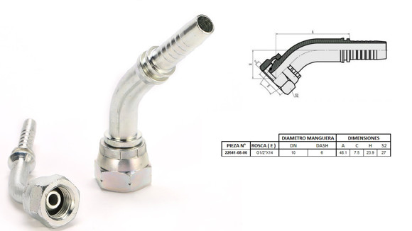 Imagen de HEMBRA CURVA 45° 1/2'' BSP X 14F 06 MANG.3/8''